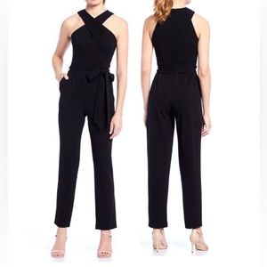 Eliza J CROSS FRONT HALTER SLEEVELESS BLACK JUMPSUIT SZ 14 NWT